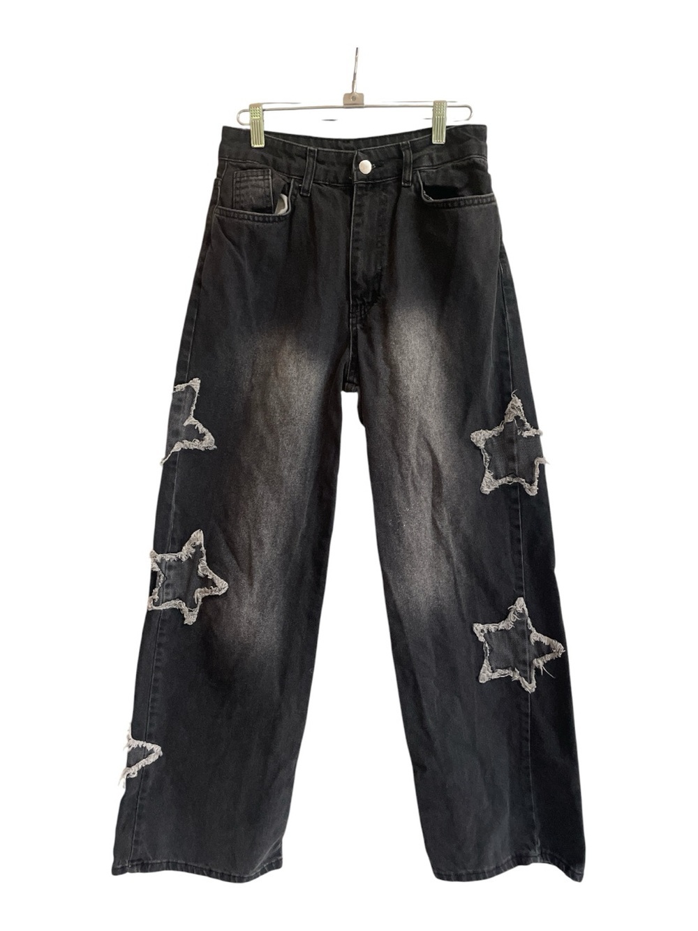 Y2K Star Patchwork Wide Leg Jeans Faded Black Denim Made in Turkey Sz 27 or 6